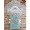 Luz&Pos Yenidoğan Kuzulu Taç Nakış Güpürlü Fiyonklu Duvaklı Prizma Taş Unisex Kundak Bebek Battaniyesi Su Yeşili