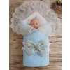 Luz&Pos Yenidoğan Kuzulu Taç Nakış Güpürlü Fiyonklu Duvaklı Prizma Taş Unisex Kundak Bebek Battaniyesi Mavi