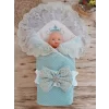 Luz&Pos Yenidoğan Kuzulu Taç Nakış Güpürlü Fiyonklu Duvaklı Prizma Taş Unisex Kundak Bebek Battaniyesi Su Yeşili