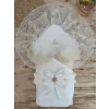 Luz&Pos Yenidoğan Sahra Taç Nakışlı Plazma Taşlı Güpürlü Fiyonklu Duvaklı Trilüks Kundak Bebek Battaniyesi Sütlü Kahve