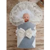 Luz&Pos Yenidoğan Teri Cotton Taç Nakışlı Prizma Taş Kundak Bebek Battaniyesi Krem