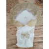 Luz&Pos Yenidoğan Titi Taç Nakışlı Plazma Taşlı Güpürlü Çift Fiyonk Duvaklı Trilüks Kundak Bebek Battaniyesi Gold