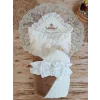 Luz&Pos Yenidoğan Wool Yün Kumaş Taç Nakışlı Güpür Duvaklı Fiyonk Prizma Taş Unisex Kundak Bebek Battaniyesi Kahverengi
