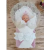 Luz&Pos Yenidoğan Wool Yün Kumaş Taç Nakışlı Güpür Duvaklı Fiyonk Prizma Taş Unisex Kundak Bebek Battaniyesi Pembe