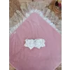 Luz&Pos Yenidoğan Wool Yün Kumaş Taç Nakışlı Güpür Duvaklı Fiyonk Prizma Taş Unisex Kundak Bebek Battaniyesi Pembe