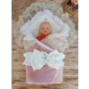 Luz&Pos Yenidoğan Wool Yün Kumaş Taç Nakışlı Güpür Duvaklı Fiyonk Prizma Taş Unisex Kundak Bebek Battaniyesi Pembe
