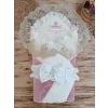 Luz&Pos Yenidoğan Wool Yün Kumaş Taç Nakışlı Güpür Duvaklı Fiyonk Prizma Taş Unisex Kundak Bebek Battaniyesi Pembe