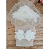Luz&Pos Yenidoğan Wool Yün Kumaş Taç Nakışlı Güpür Duvaklı Fiyonk Prizma Taş Unisex Kundak Bebek Battaniyesi Bej