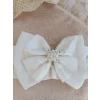 Luz&Pos Yenidoğan Wool Yün Kumaş Taç Nakışlı Güpür Duvaklı Fiyonk Prizma Taş Unisex Kundak Bebek Battaniyesi Bej