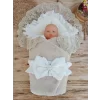 Luz&Pos Yenidoğan Wool Yün Kumaş Taç Nakışlı Güpür Duvaklı Fiyonk Prizma Taş Unisex Kundak Bebek Battaniyesi Bej