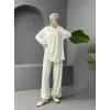 Yuvarlak Yaka Oval Kesim Cepli Pantolonlu Osyho Takım -Beyaz