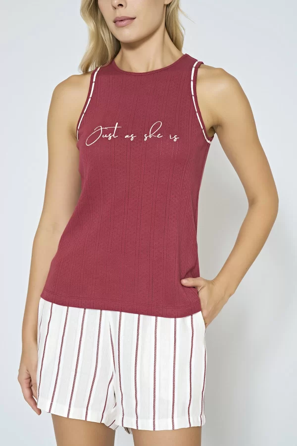 %100 Pamuklu Dokuma Çizgili Şortlu Pijama Takımı