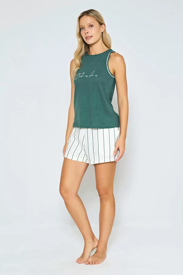 %100 Pamuklu Dokuma Çizgili Yeşil Şortlu Pijama Takımı