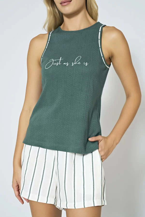 %100 Pamuklu Dokuma Çizgili Yeşil Şortlu Pijama Takımı