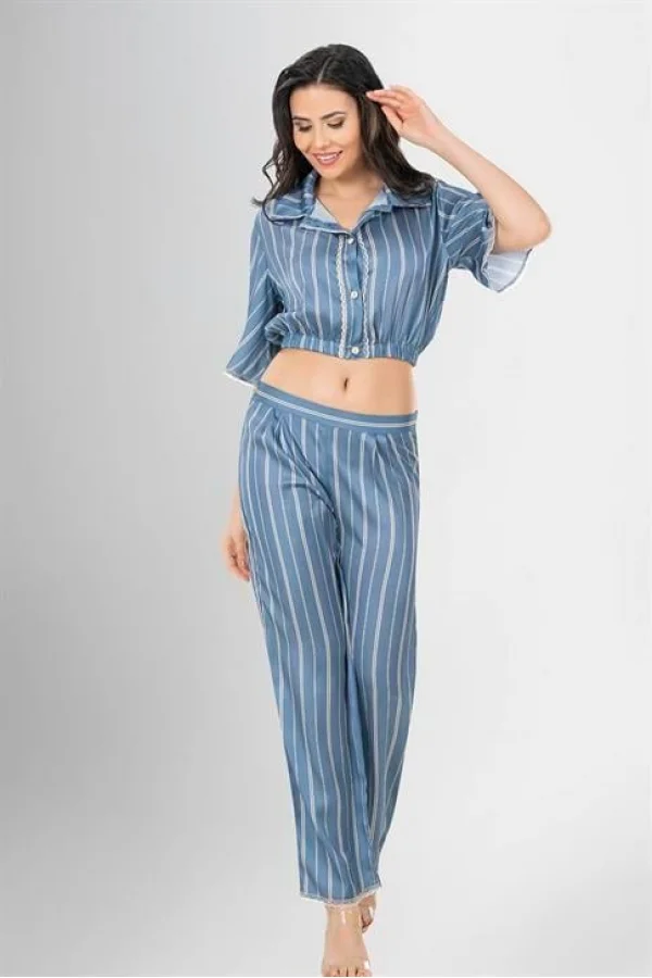 2li Desenli Saten Pijama Takımı