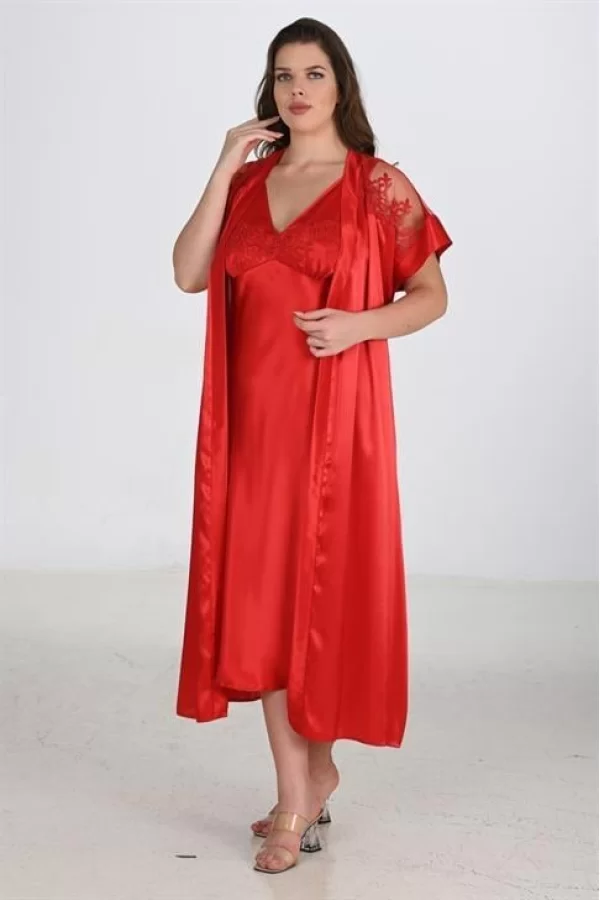 2li Kırmızı Sabahlık Takımı Bigsize 6226