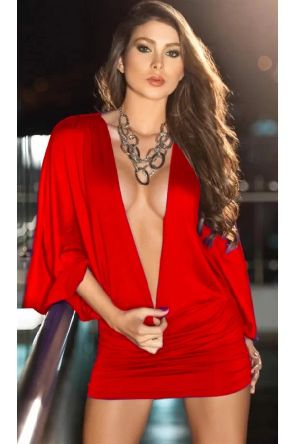 B100915 Kırmızı Derin Göğüs Dekolteli Elbise