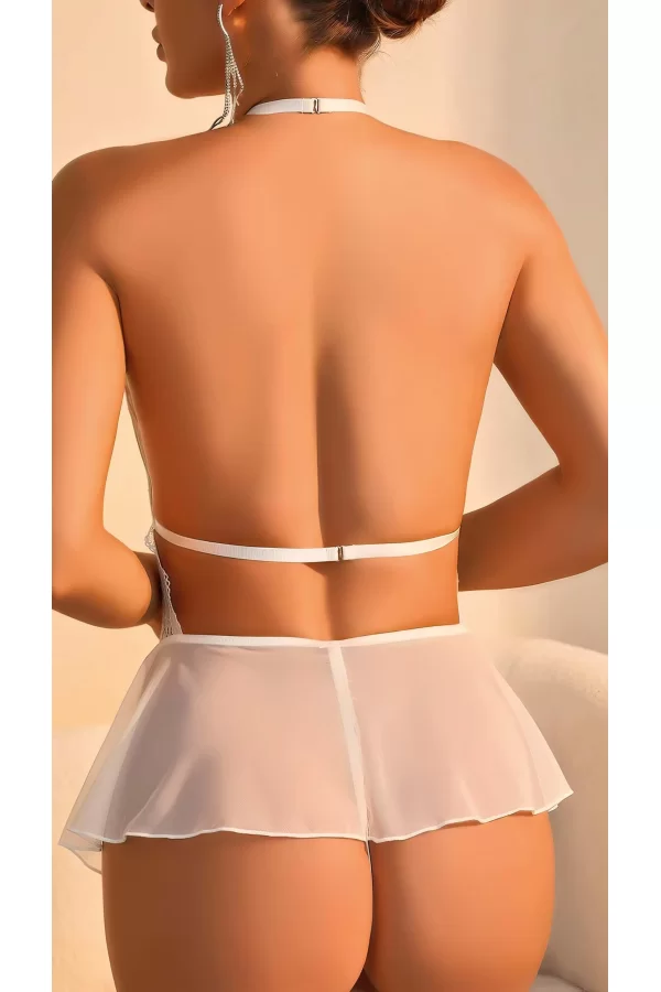 Beyaz Dantel İşlemeli Dekolteli Fantezi Babydoll