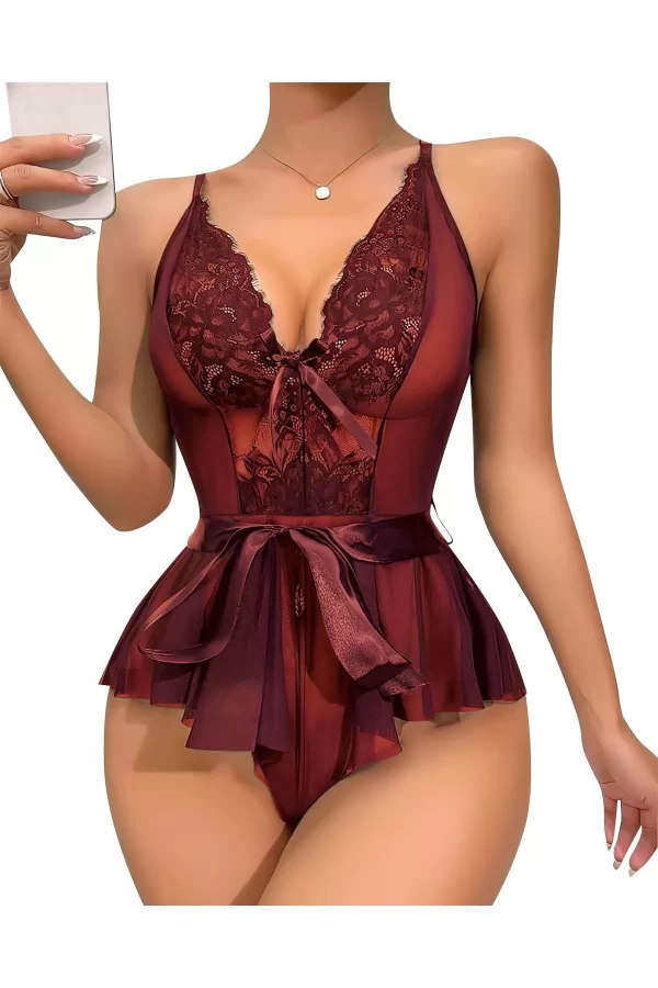 Bordo Dantel İşlemeli Kurdelalı Fantezi Tül Babydoll