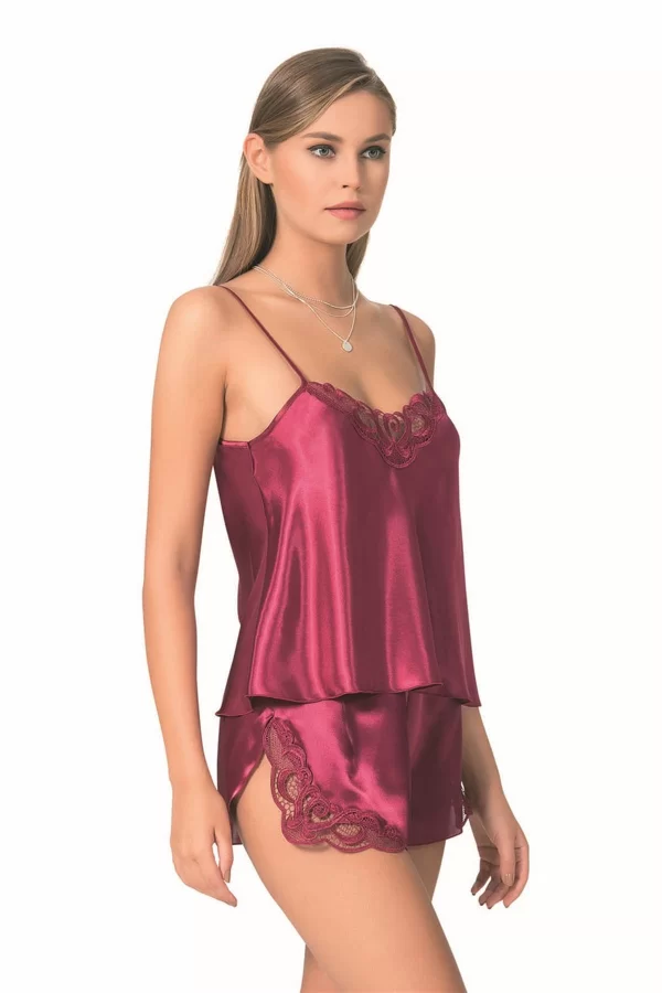 Bordo Saten Babydoll Şort Takımı