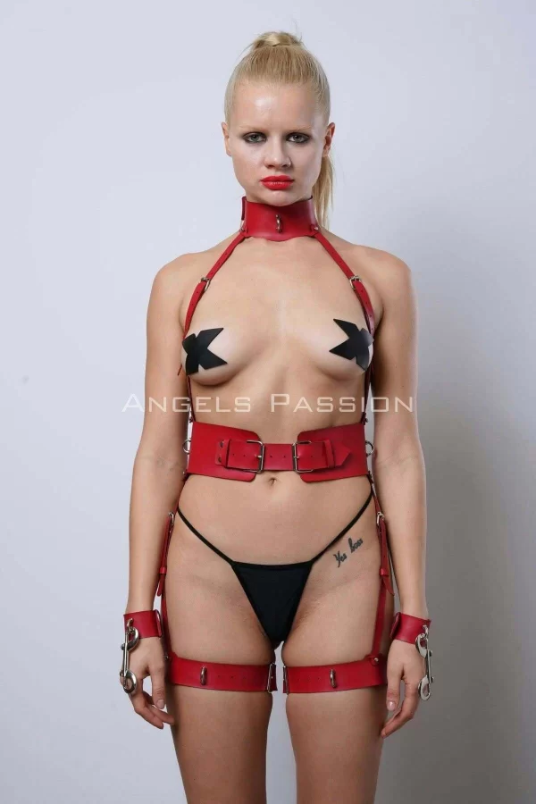 Boyuna Bağlanabilen Kelepçeli Harness Takım, Deri Fantezi İç Giyim Set - Brf1338