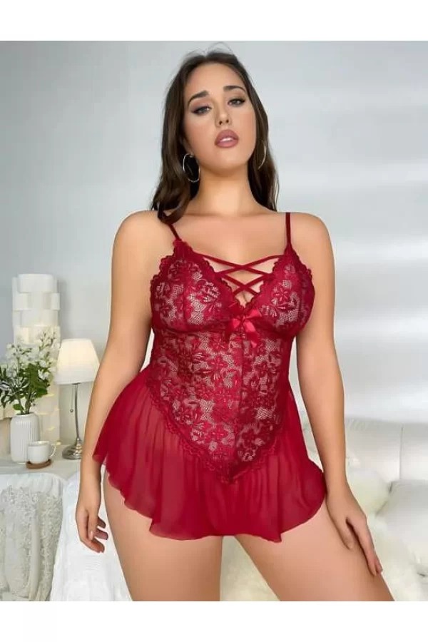 Büyük Beden Bordo Dantel İşlemeli Fırfırlı Fantezi Babydoll