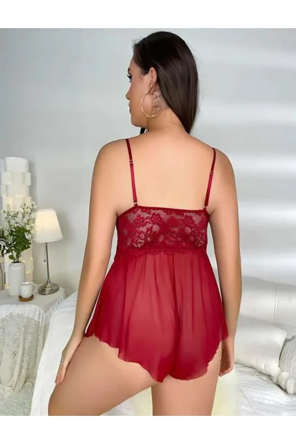 Büyük Beden Bordo Dantel İşlemeli Fırfırlı Fantezi Babydoll