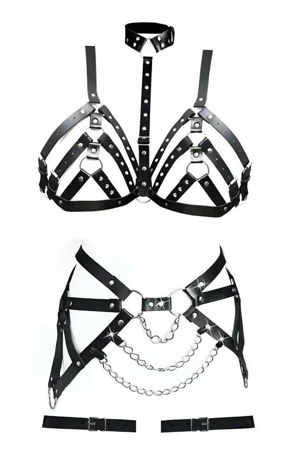 Büyük Beden Deri Fantazi Harness Sütyen Takım - Brf533