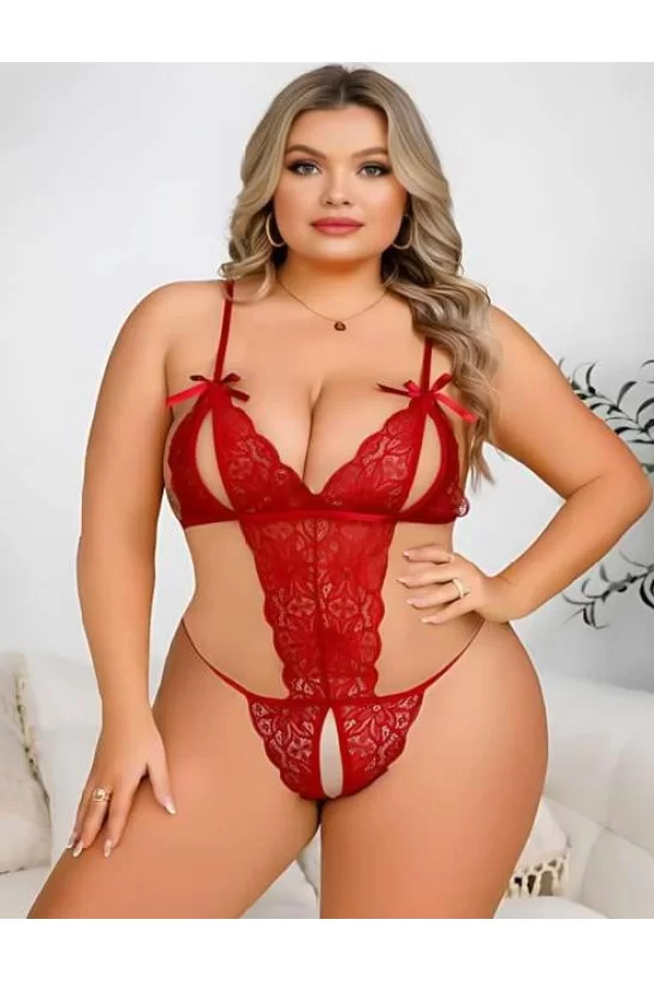 Büyük Beden Kırmızı Dantel İşlemeli Dekolteli Fantezi Babydoll