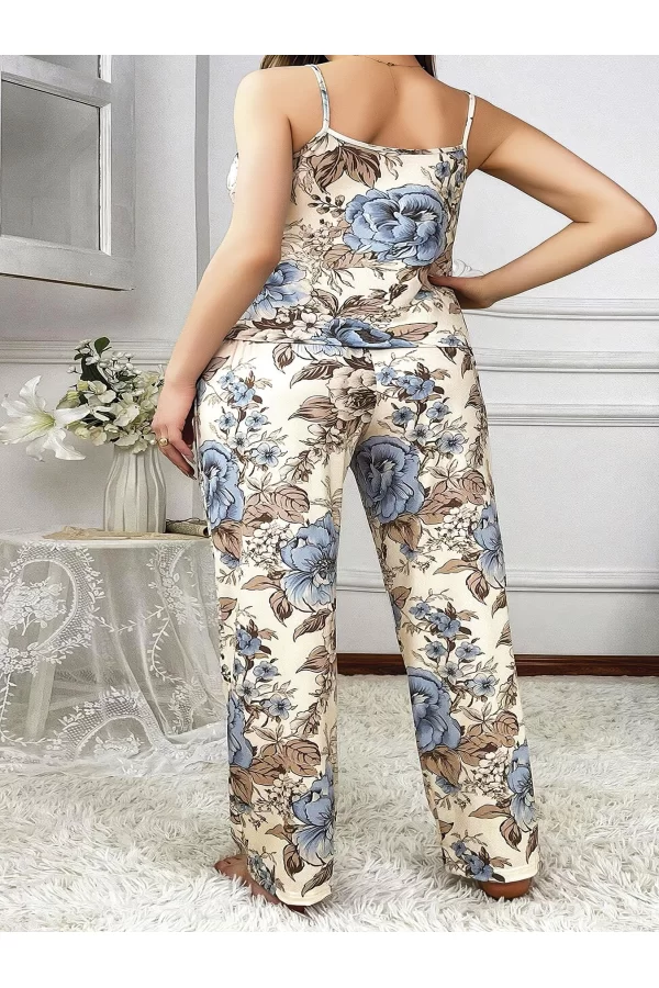 Büyük Beden Mavi Çiçek Desenli İnce Askılı 2li Saten Pijama