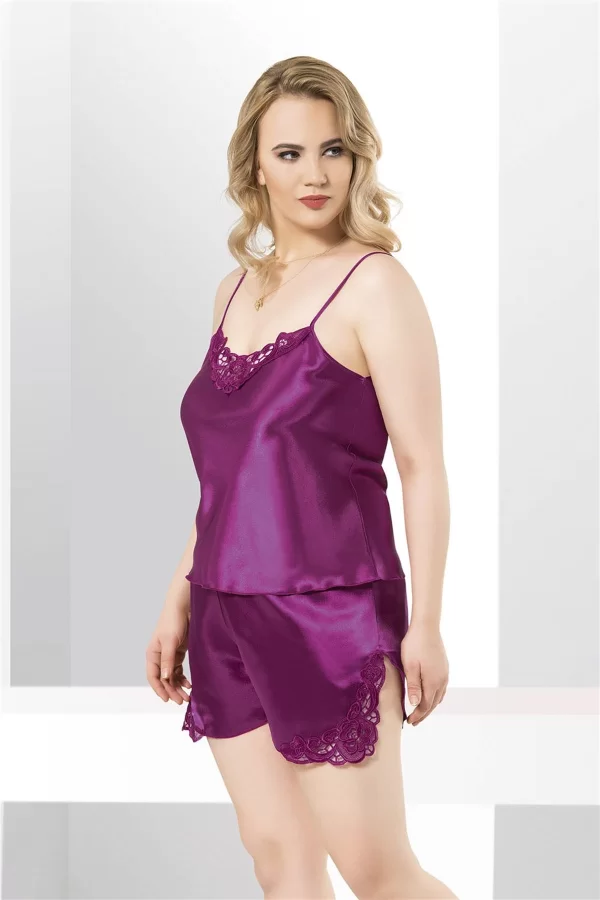 Büyük Beden Mor Saten Babydoll Şort Takımı
