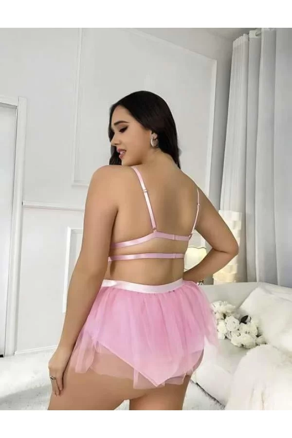 Büyük Beden Pembe Tül Etekli Mini Fantezi Takım