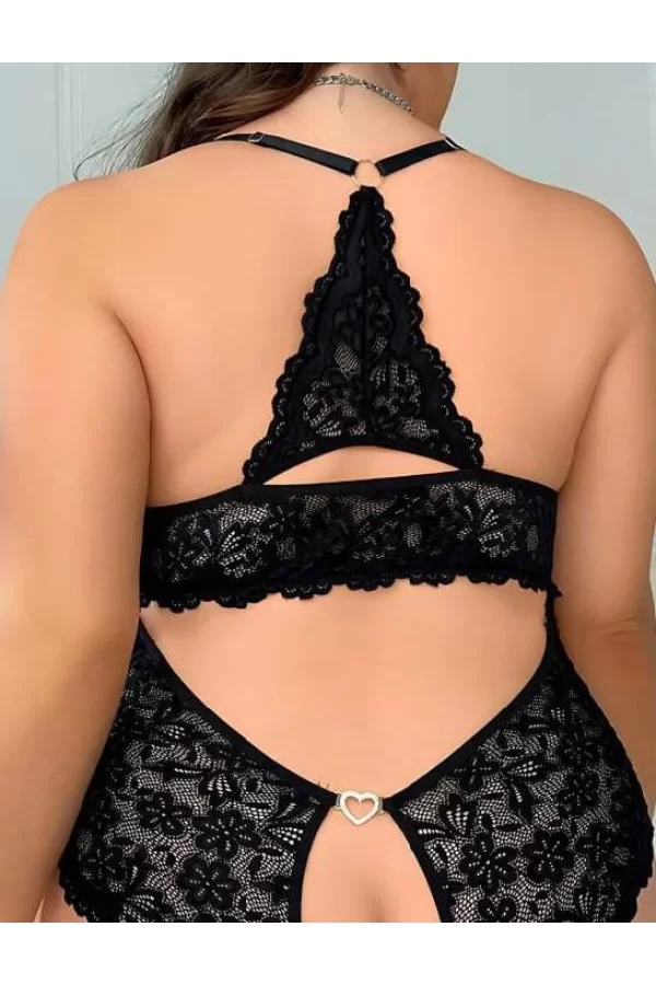 Büyük Beden Siyah Dantel İşlemeli Özel Bölgesi Açık Fantezi Babydoll