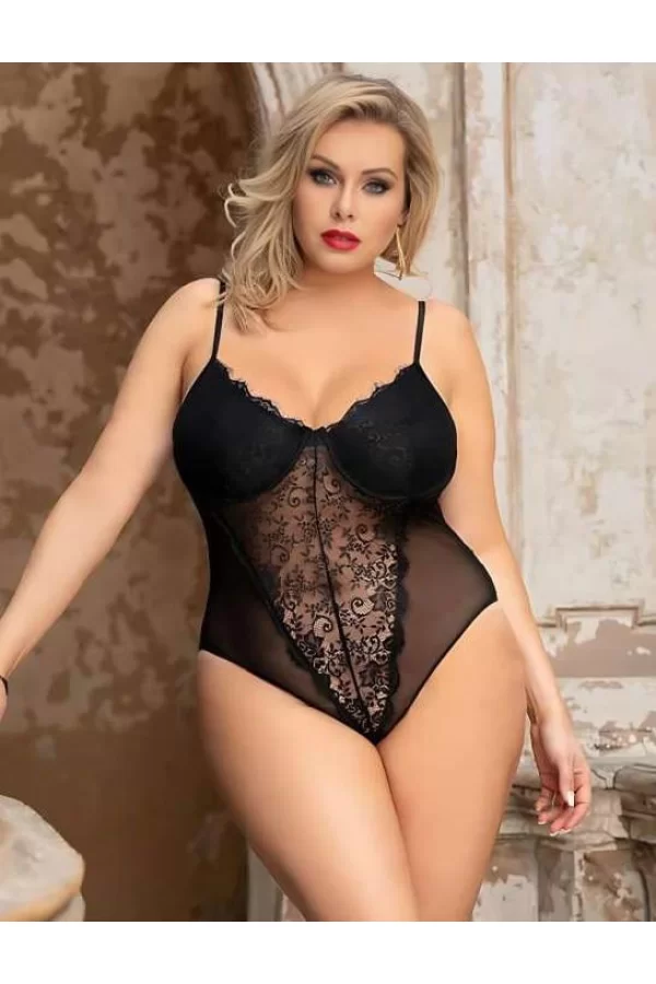 Büyük Beden Siyah Dantel İşlemeli Tül Fantezi Babydoll