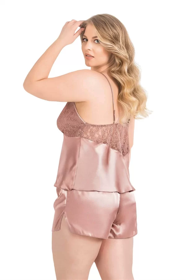 Büyük Beden Vizon Saten Babydoll Şort Takımı