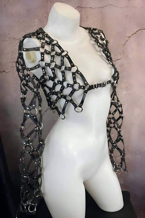 Çapraz Tasarım Uzun Kollu Deri Crop Bağlamalı Büstiyer Harness- Brf1076