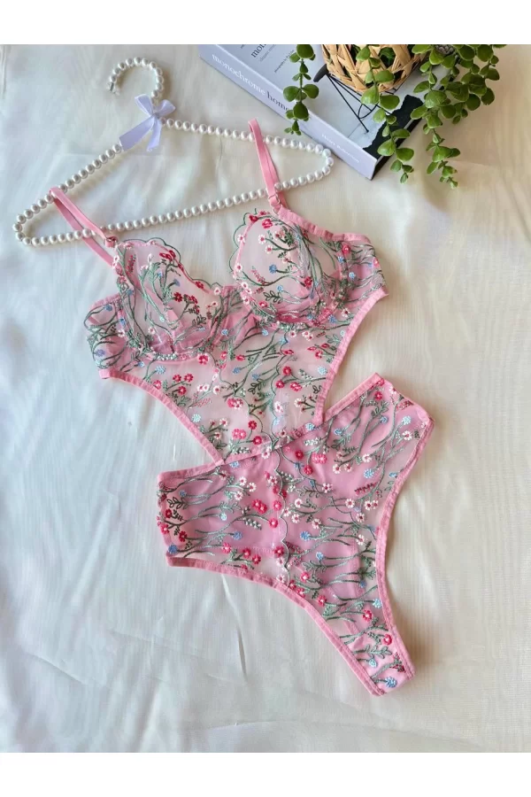 Çiçek Dal Desenli Pembe Bodysuit