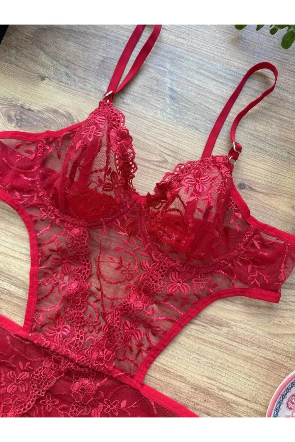 Çiçek Desenli Kırmızı Bodysuit