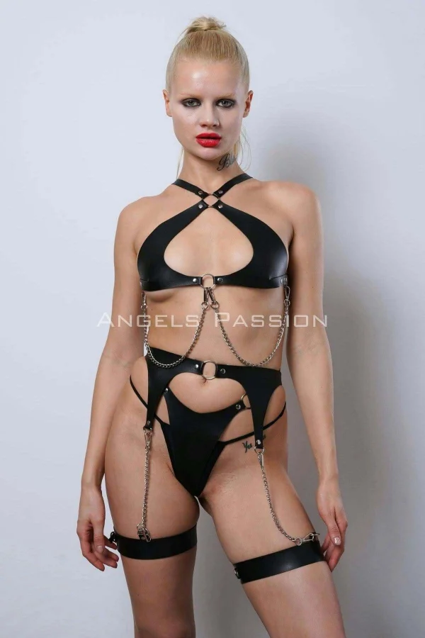 Deri Fantezi İç Giyim Takım, Şık Deri Harness Set, Club Wear - Apft1330