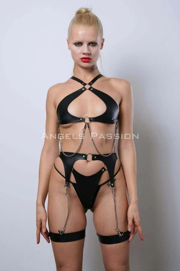 Deri Fantezi İç Giyim Takım, Şık Deri Harness Set, Club Wear - Apft1330