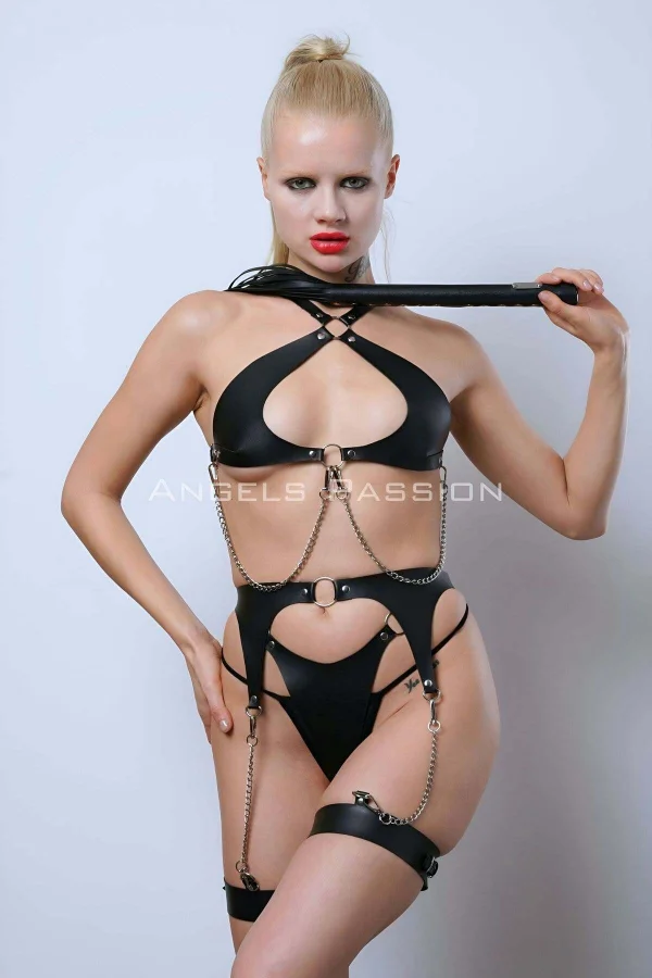 Deri Jartiyer Harness Takım, Deri Sütyen Takım, Kırbaçlı Deri Fantezi Giyim - Brf1363