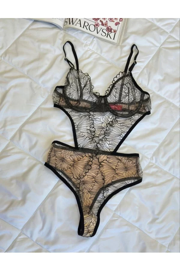 Desenli Ten Siyah Bodysuit