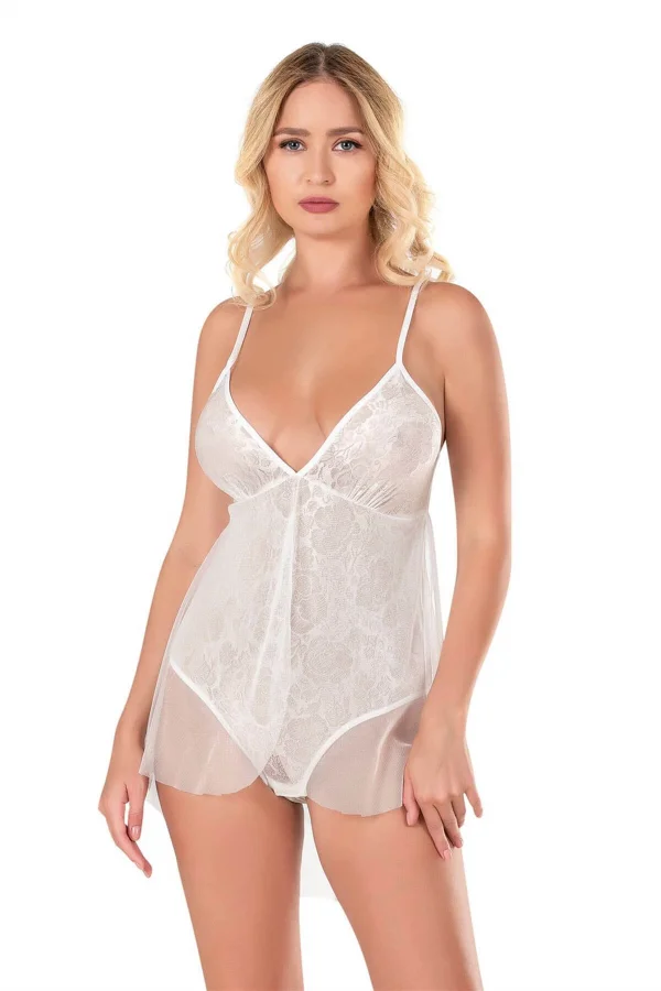 Ekru Jakarlı Bodysuit Gecelik