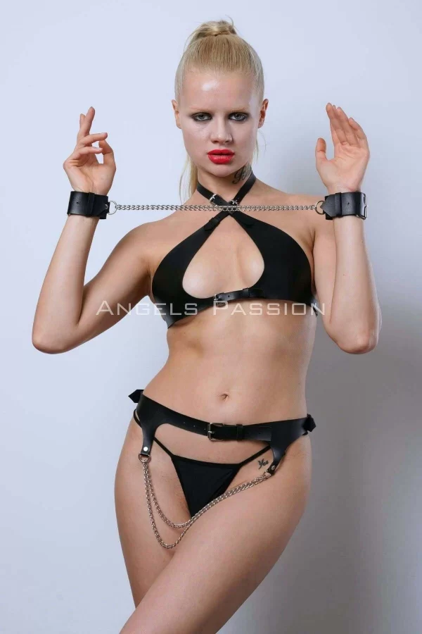 Fantazi Deri İç Giyim, Deri Kelepçe Ve Bel Harness Takım - Brf885