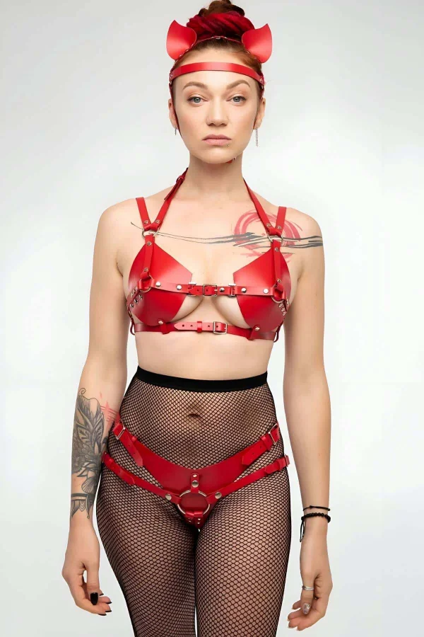 Fantazi Deri Sütyen Ve Külot Takım, Kulaklık Detaylı Harness - Brf871