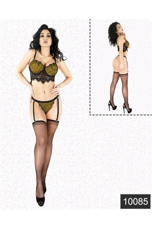 Fantazi Sarı Lamine Dantel Jartiyer Büstiyer Takım