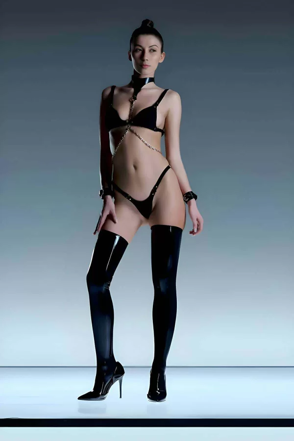 Fantazi Sütyen, Tanga, Zincirli Deri Harness Takımı - Brf1135