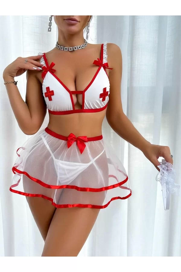 Fantezi Beyaz Tül Etekli Seksi Hemşire Kostümü
