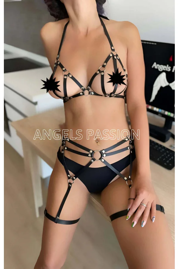Fantezi Deri Giyim Siyah Harness Jartiyer Takım - Brf547