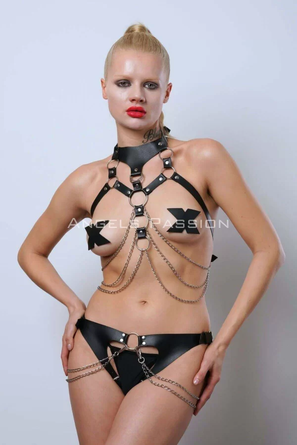 Göğsü Ve Ağı Açık Kelepçeli Fantazi Külot Harness Takım - Brf1067